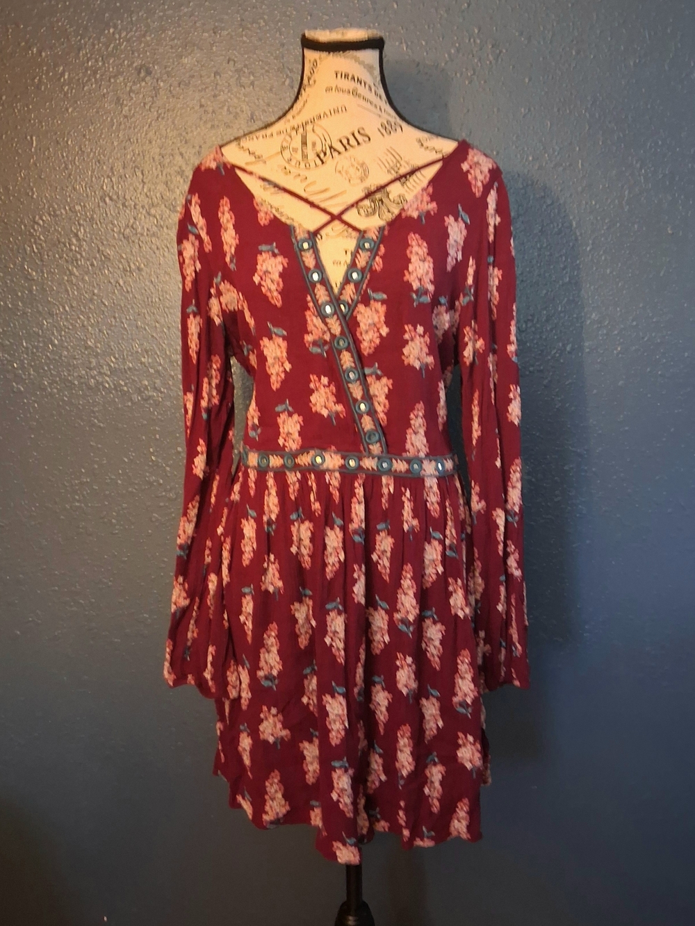 Xhiliration Womens Burgundy Floral Boho Embroidered Cut Out Dress XL